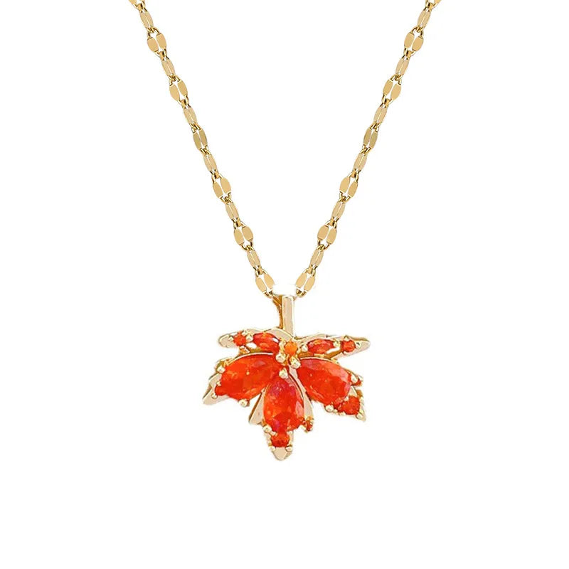 Retro Maple Leaf Titanium Steel Copper Inlay Rhinestones Necklace