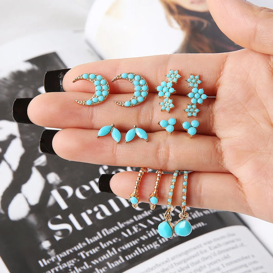 Retro Metal Turquoise Star Moon Leaf Geometric Earring Set