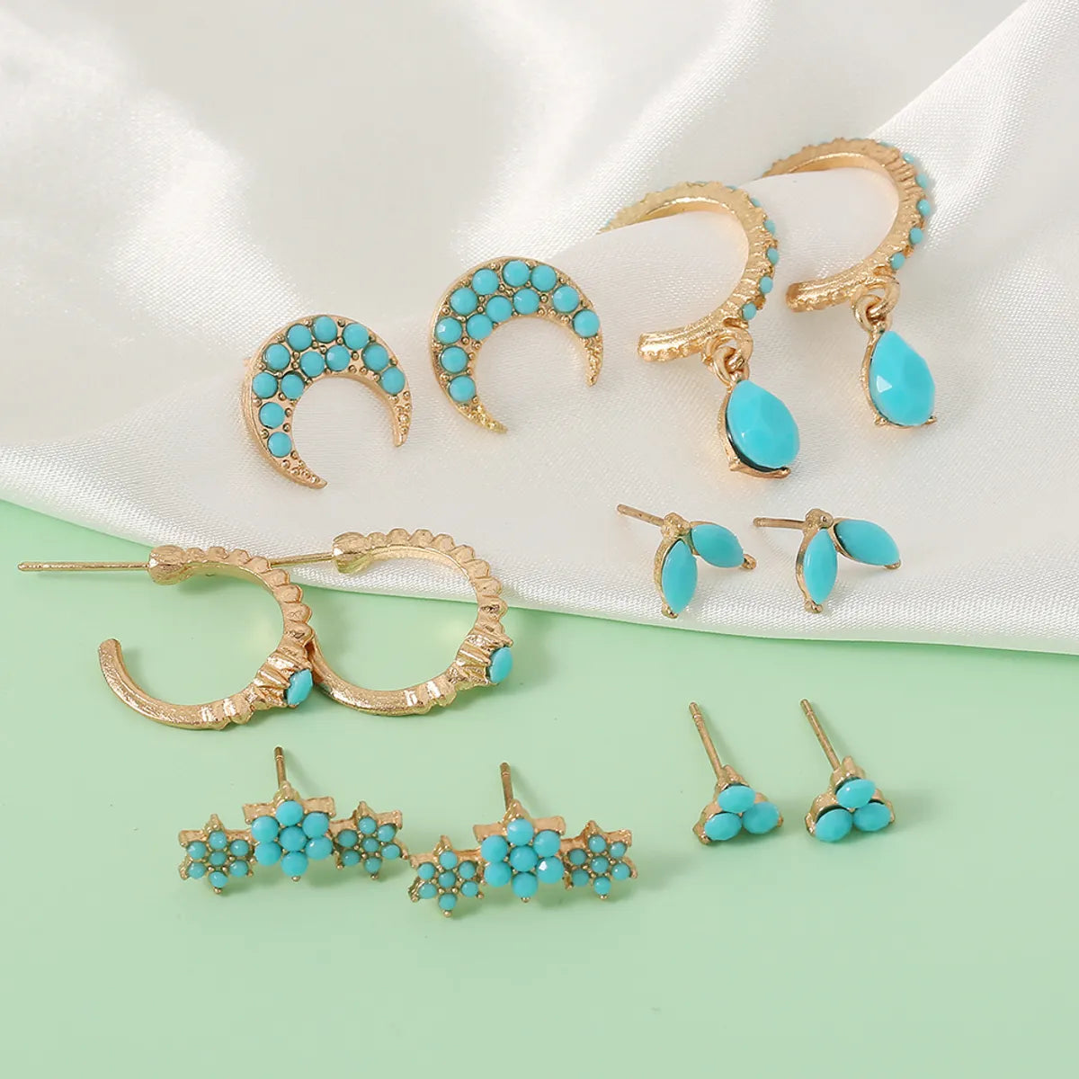 Retro Metal Turquoise Star Moon Leaf Geometric Earring Set