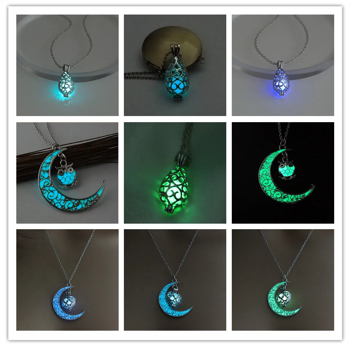 Retro Moon Water Droplets Alloy Luminous Hollow Out Women's Men's Pendant Necklace