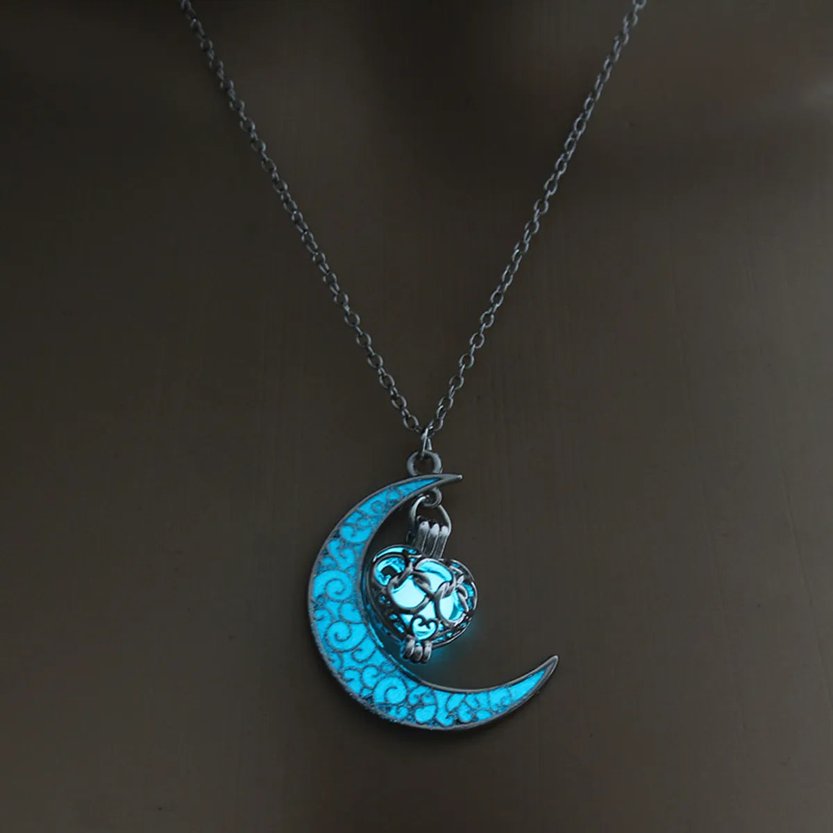 Retro Moon Water Droplets Alloy Luminous Hollow Out Women's Men's Pendant Necklace