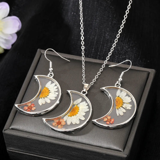 Retro Moon Flower Alloy Epoxy Alloy Women's Ear Studs Necklace