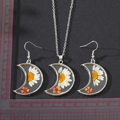 Retro Moon Flower Alloy Epoxy Alloy Women's Ear Studs Necklace