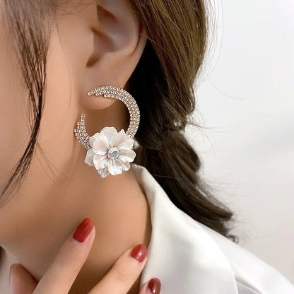 Retro Moon Flower Rhinestone Earrings