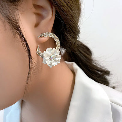 Retro Moon Flower Rhinestone Earrings