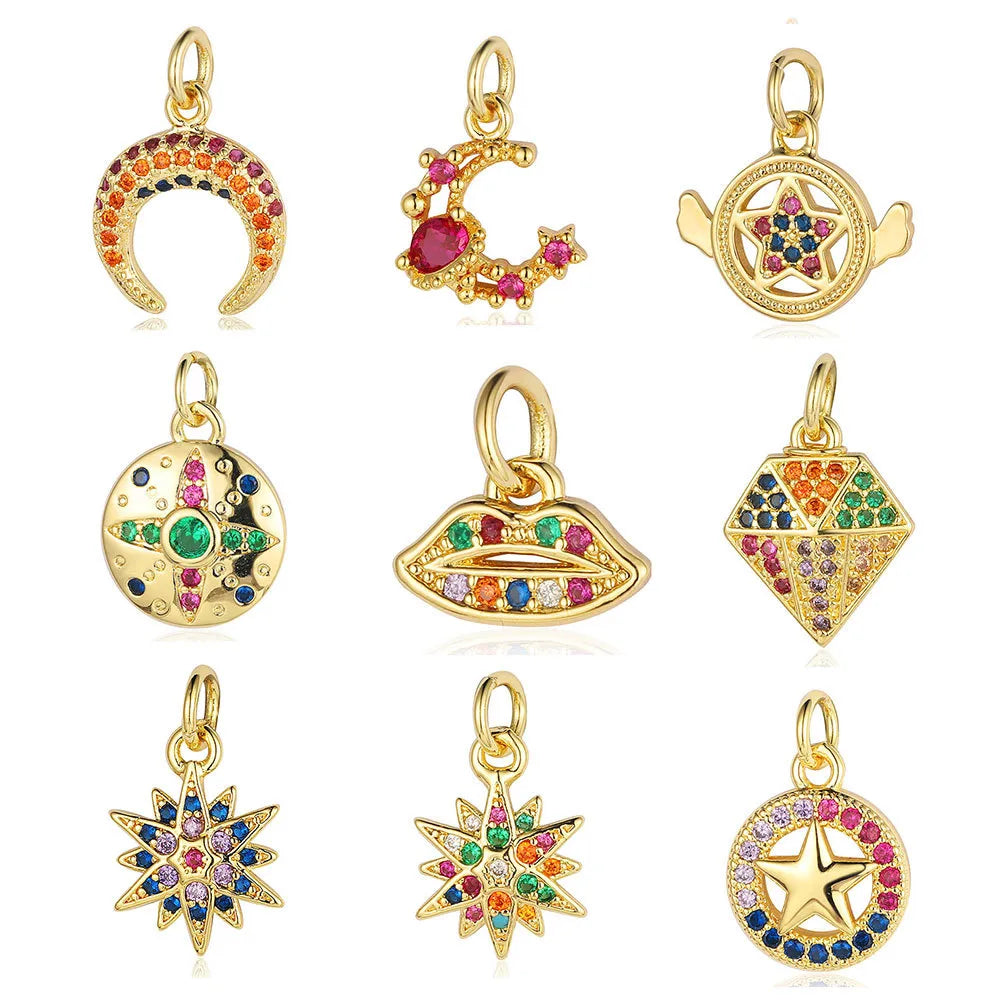 Retro Moon Lightning Copper Plating Inlay Zircon 18k Gold Plated Charms Jewelry Accessories