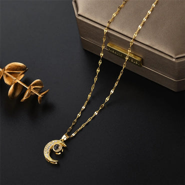 Retro Moon Titanium Steel Inlay Zircon Pendant Necklace