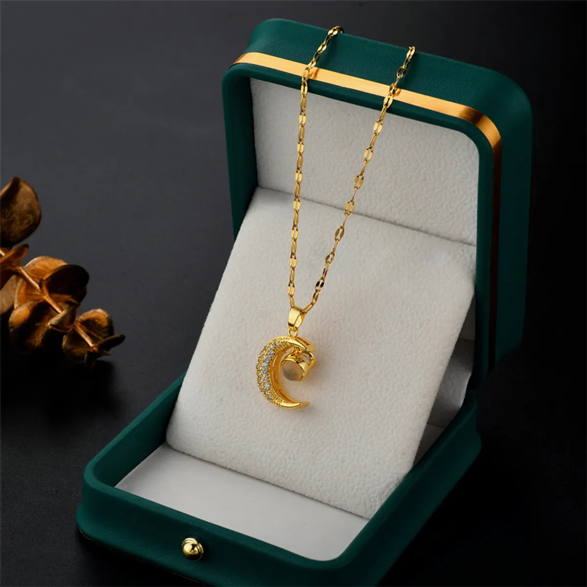 Retro Moon Titanium Steel Inlay Zircon Pendant Necklace