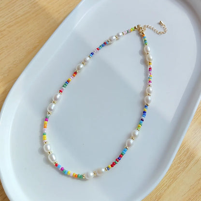 Retro Multicolor Natural Freshwater Pearl Beaded Necklace 1 Piece