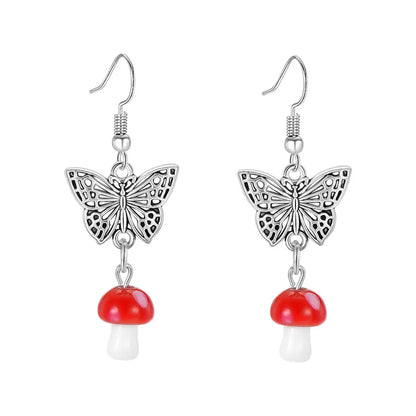 Retro Mushroom Butterfly Skull Alloy Resin Patchwork Drop Earrings