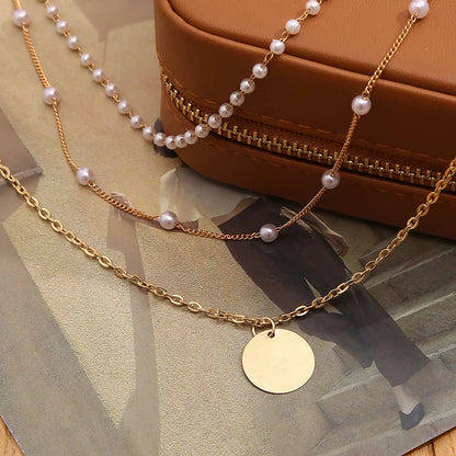 Retro New Alloy Sequin Pearl Pendant Multi-Layered Clavicle Chain Wholesale