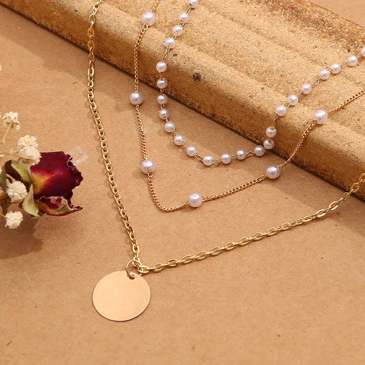 Retro New Alloy Sequin Pearl Pendant Multi-Layered Clavicle Chain Wholesale