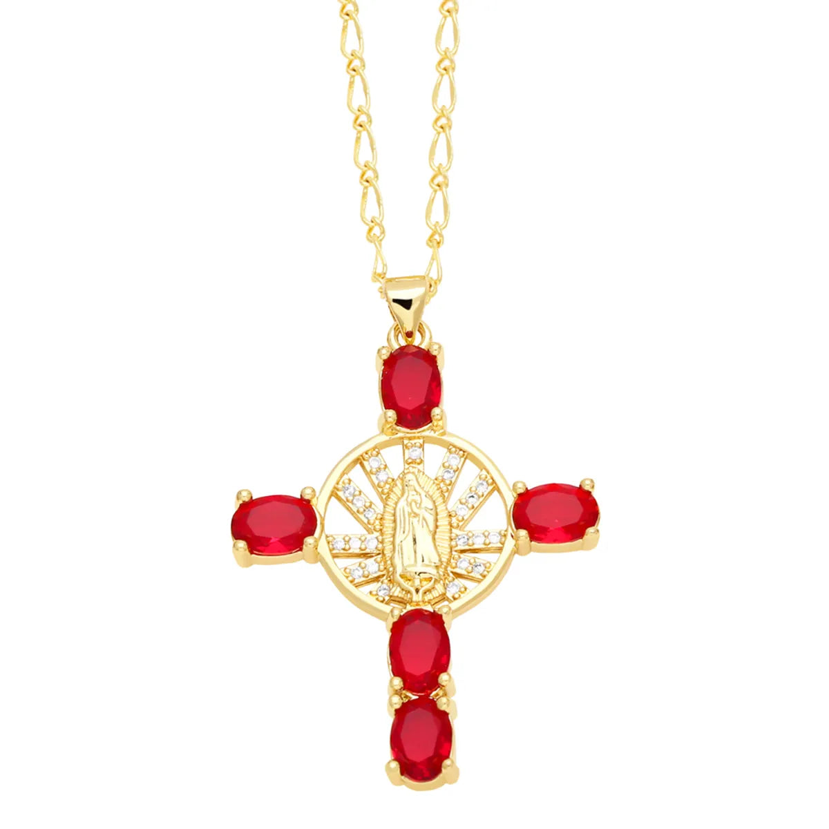 Retro Novelty Cross Virgin Mary Copper Plating Inlay Zircon 18k Gold Plated Pendant Necklace