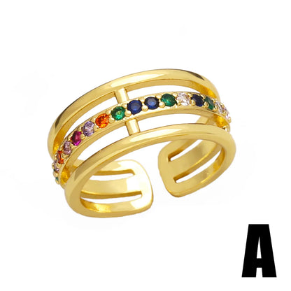 Retro Novelty Round Colorful Copper Plating Inlay Zircon 18k Gold Plated Open Rings