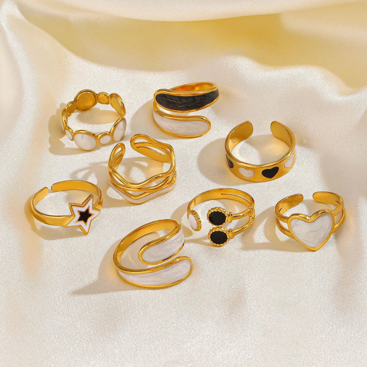 304 Stainless Steel 18K Gold Plated Retro Novelty Enamel Round Star Heart Shape Resin Rings