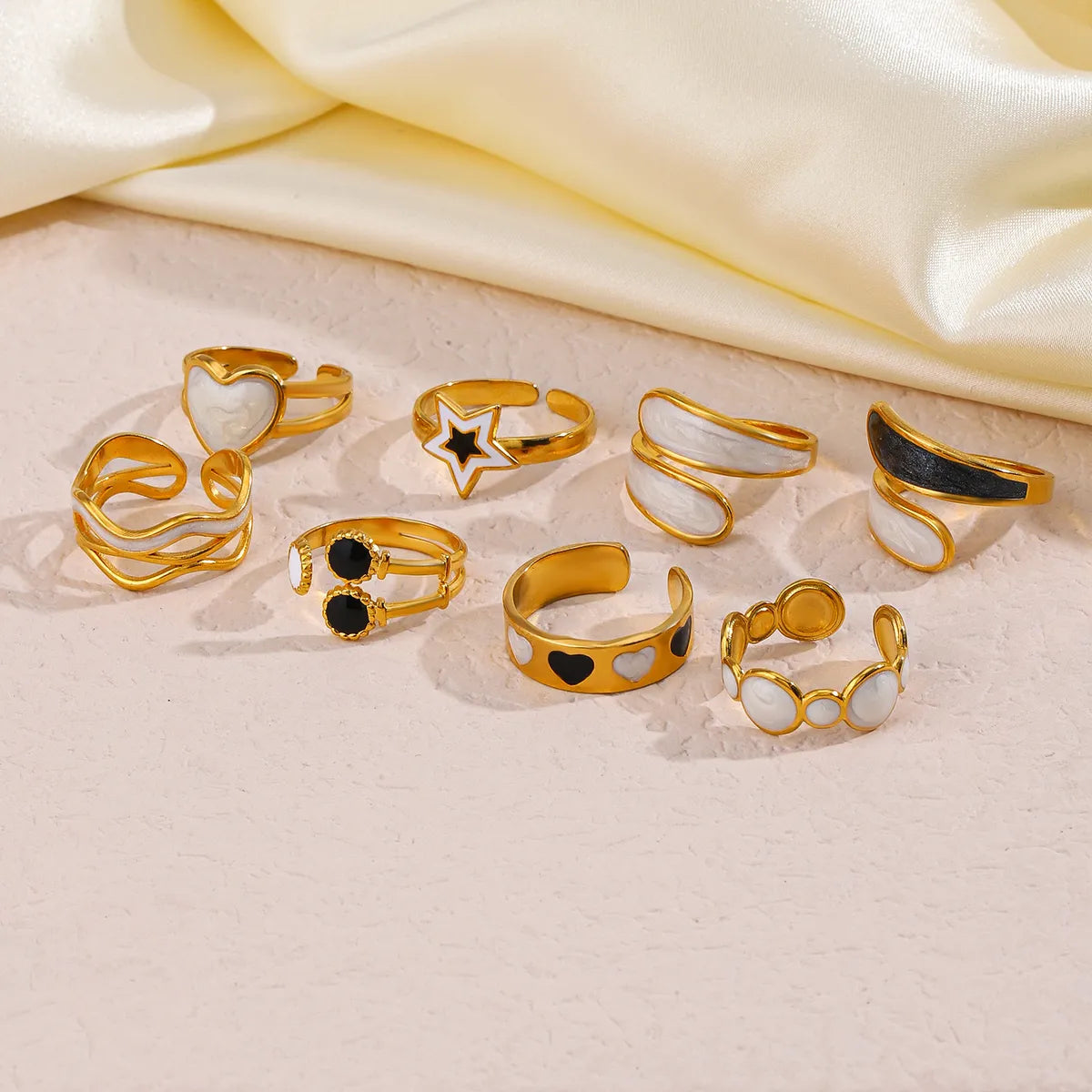 304 Stainless Steel 18K Gold Plated Retro Novelty Enamel Round Star Heart Shape Resin Rings