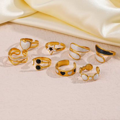 304 Stainless Steel 18K Gold Plated Retro Novelty Enamel Round Star Heart Shape Resin Rings