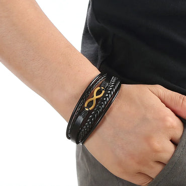 Retro Number Leather Titanium Steel Braid Men'S Bangle