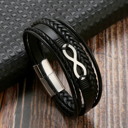 Retro Number Leather Titanium Steel Braid Men'S Bangle