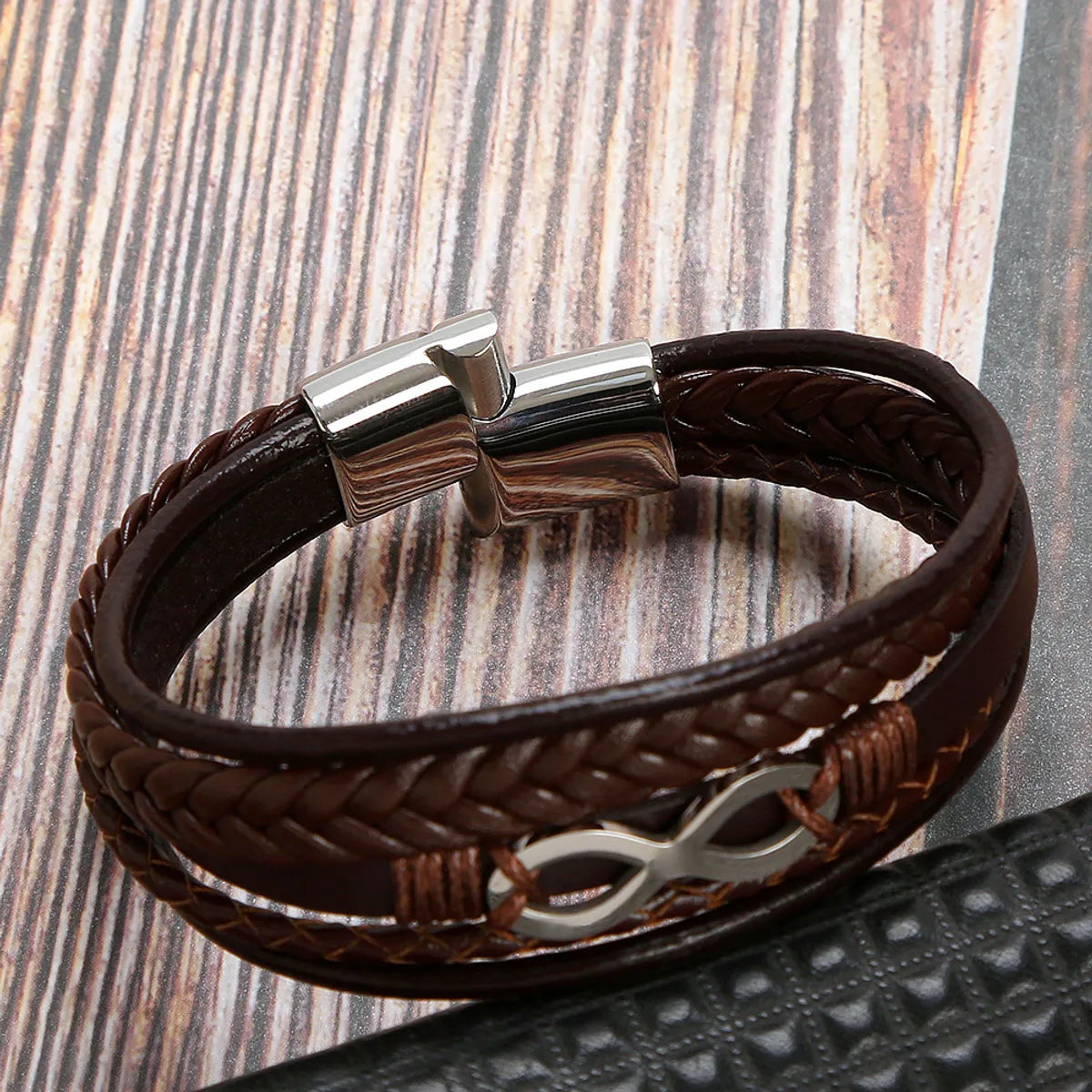 Retro Number Leather Titanium Steel Braid Men'S Bangle