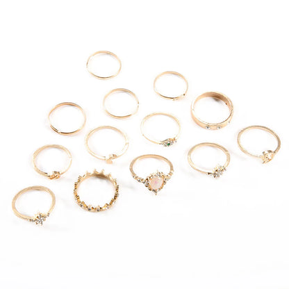 Retro Opal Crown Diamond Star Moon 13 Piece Ring Set