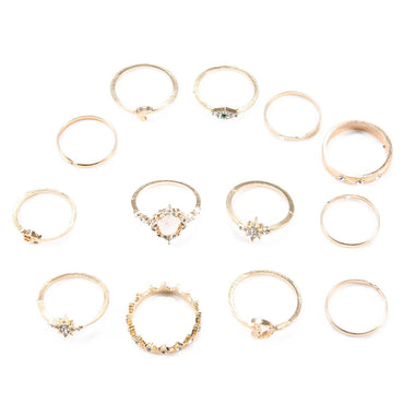 Retro Opal Crown Diamond Star Moon 13 Piece Ring Set