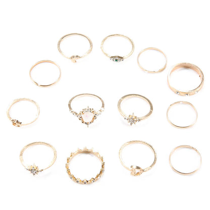 Retro Opal Crown Diamond Star Moon 13 Piece Ring Set