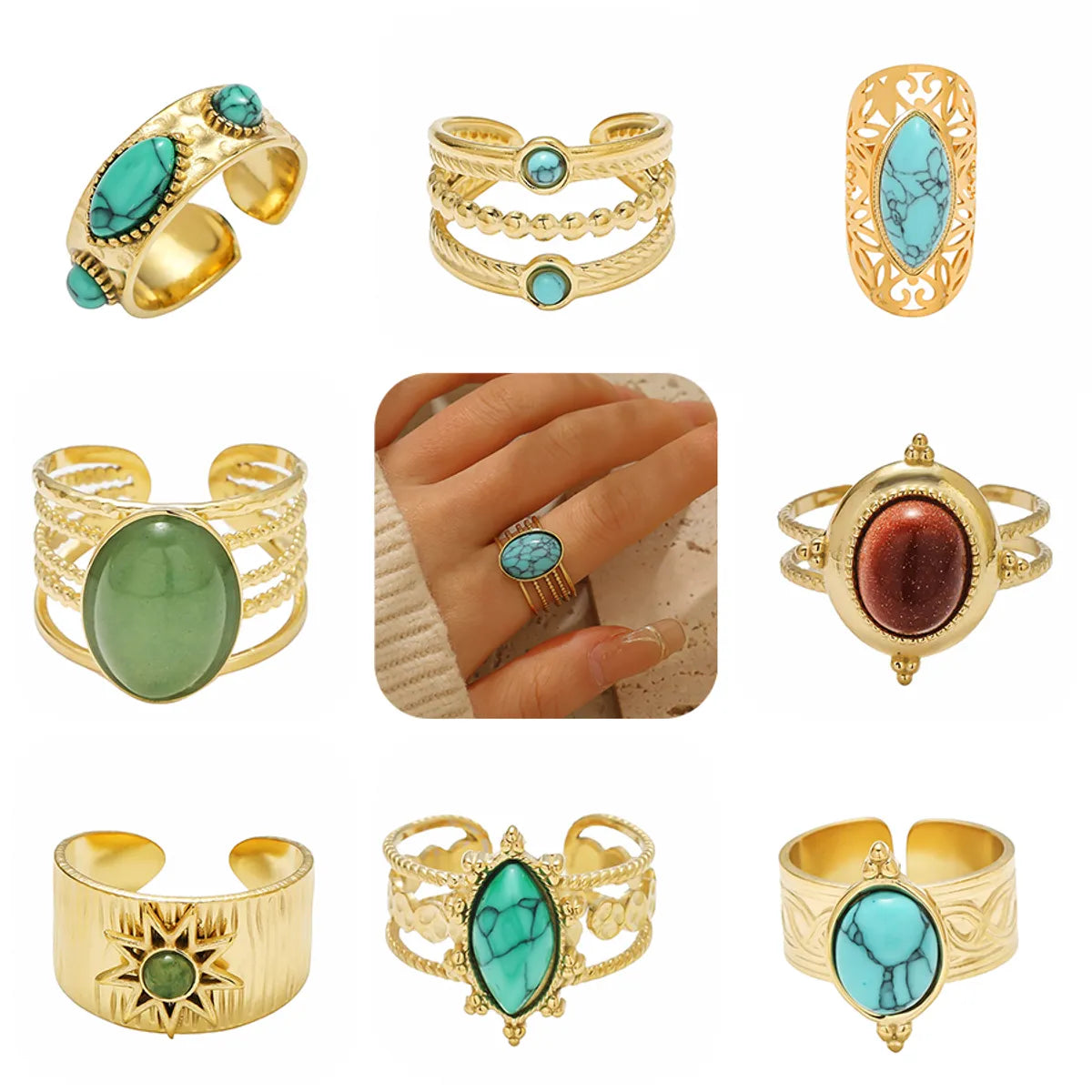 Retro Oval Alloy Inlay Artificial Gemstones Women'S Open Ring