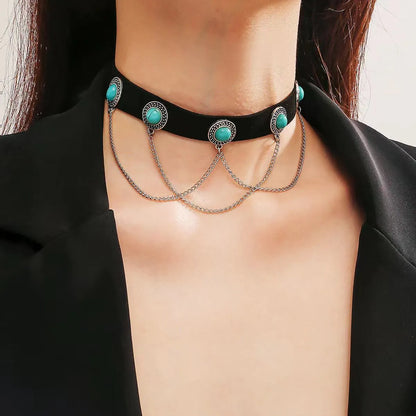 Retro Oval Flower Pu Leather Zinc Alloy Inlay Turquoise Women's Choker