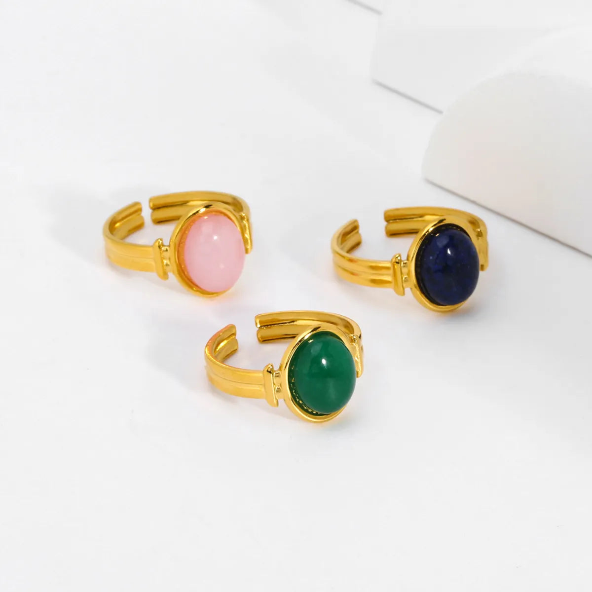 304 Stainless Steel Natural Stone 18K Gold Plated Retro Plating Inlay Oval Natural Stone Open Rings