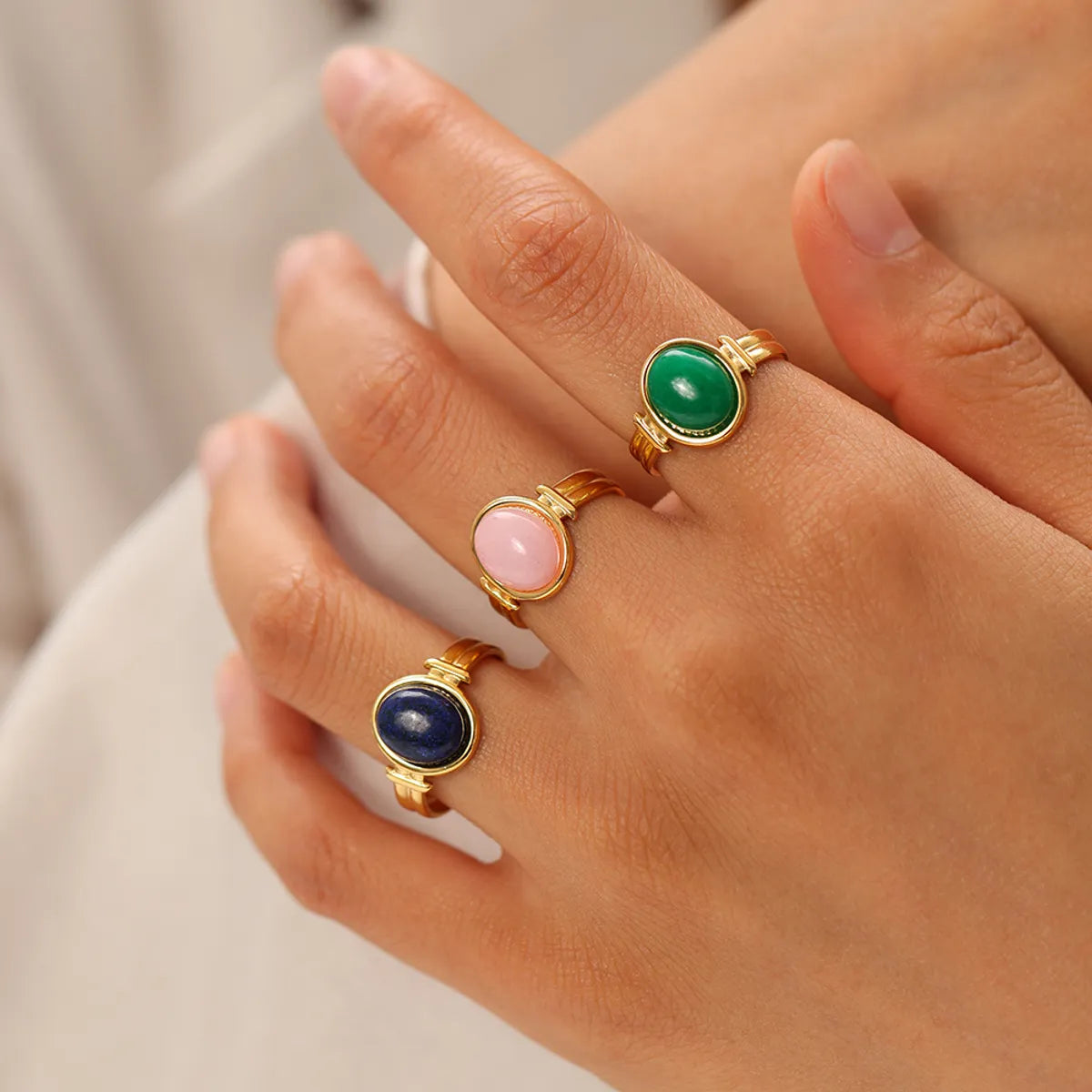 304 Stainless Steel Natural Stone 18K Gold Plated Retro Plating Inlay Oval Natural Stone Open Rings