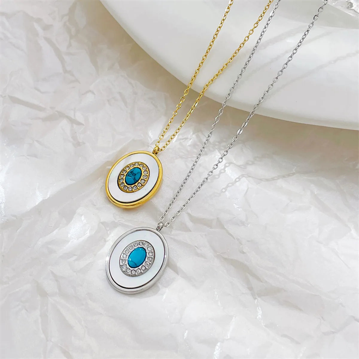 Retro Oval Stainless Steel Plating Inlay Turquoise Diamond White Gold Plated Gold Plated Pendant Necklace