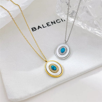 Retro Oval Stainless Steel Plating Inlay Turquoise Diamond White Gold Plated Gold Plated Pendant Necklace