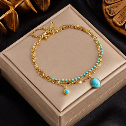 Retro Oval Titanium Steel Layered Inlay Turquoise Bracelets 1 Piece