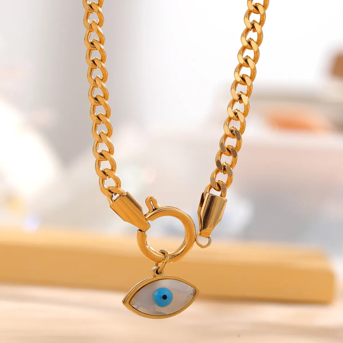 Retro Palm Eye Butterfly Titanium Steel Plating Inlay Shell Zircon Gold Plated Pendant Necklace