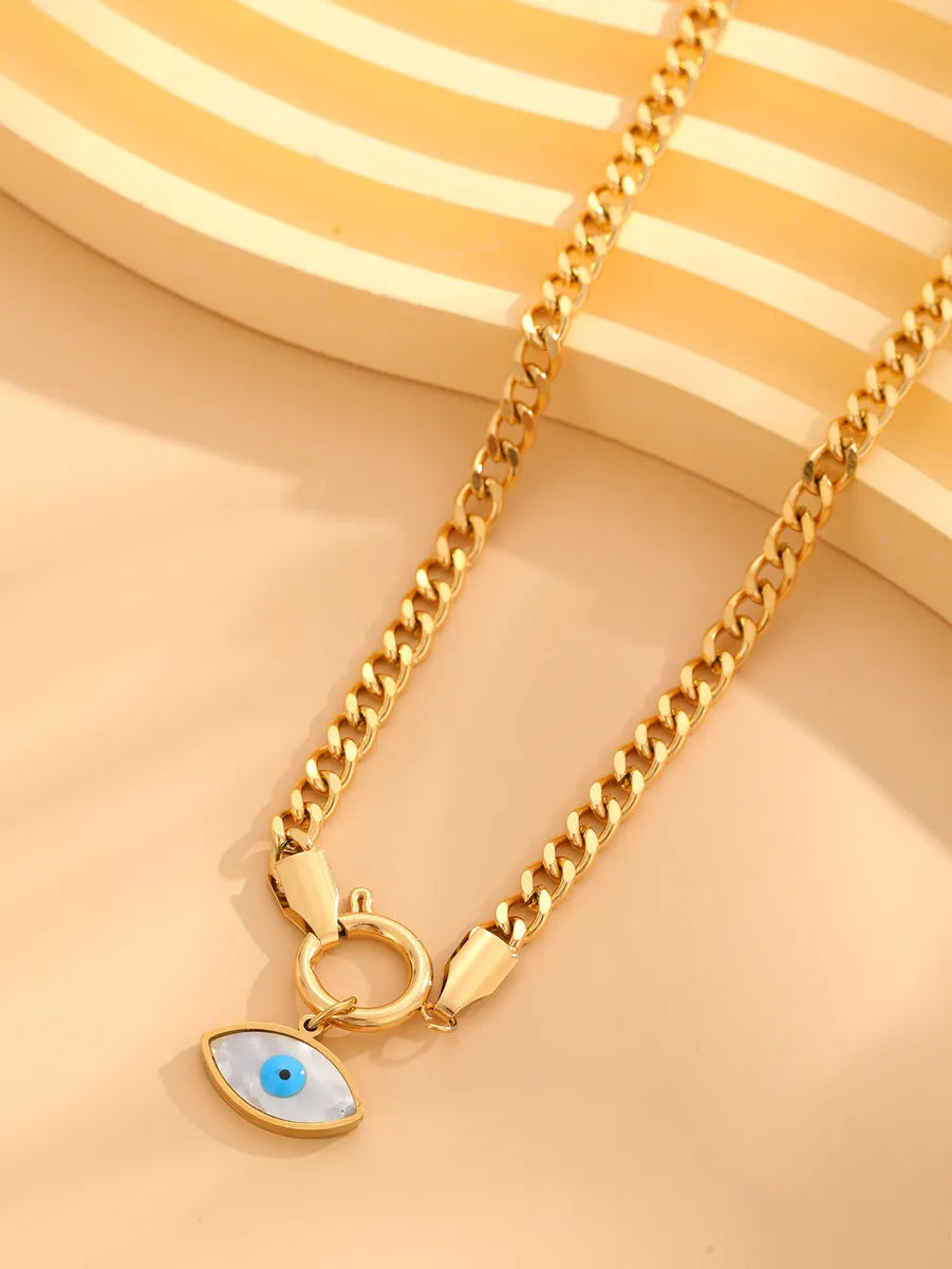 Retro Palm Eye Butterfly Titanium Steel Plating Inlay Shell Zircon Gold Plated Pendant Necklace