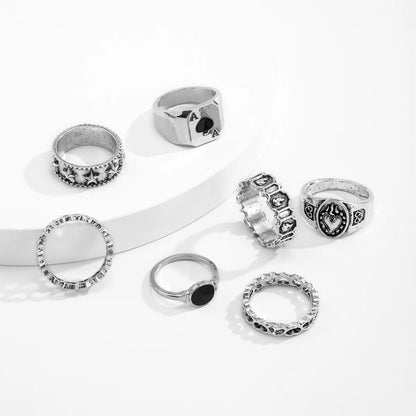 Retro Poker Heart Shape Alloy Plating Rings 7 Pieces