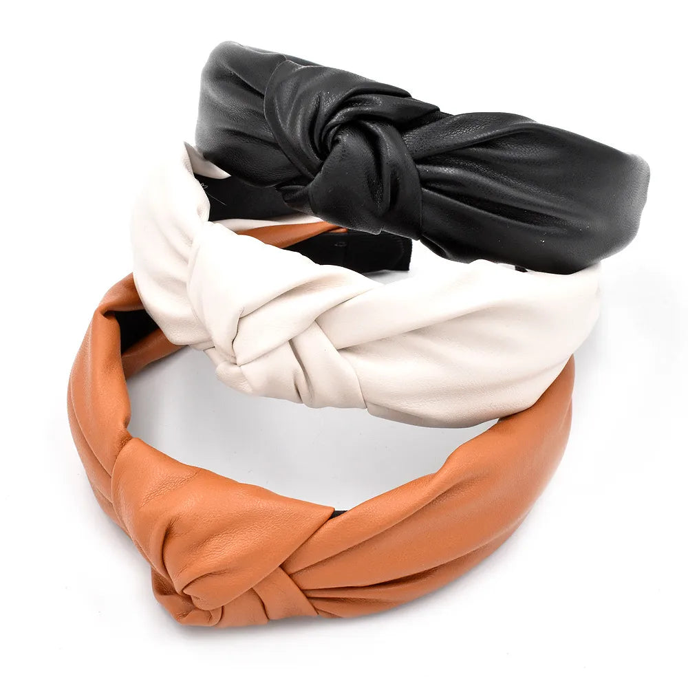 Retro Pu Leather Pure Color Knotted Headband