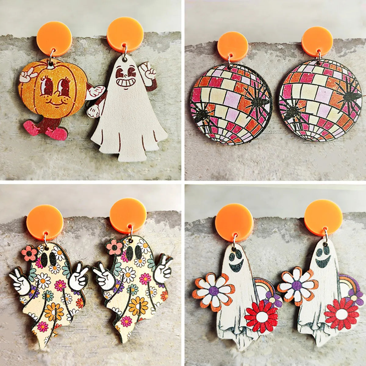 1 Pair Retro Pumpkin Spider Wood Earrings