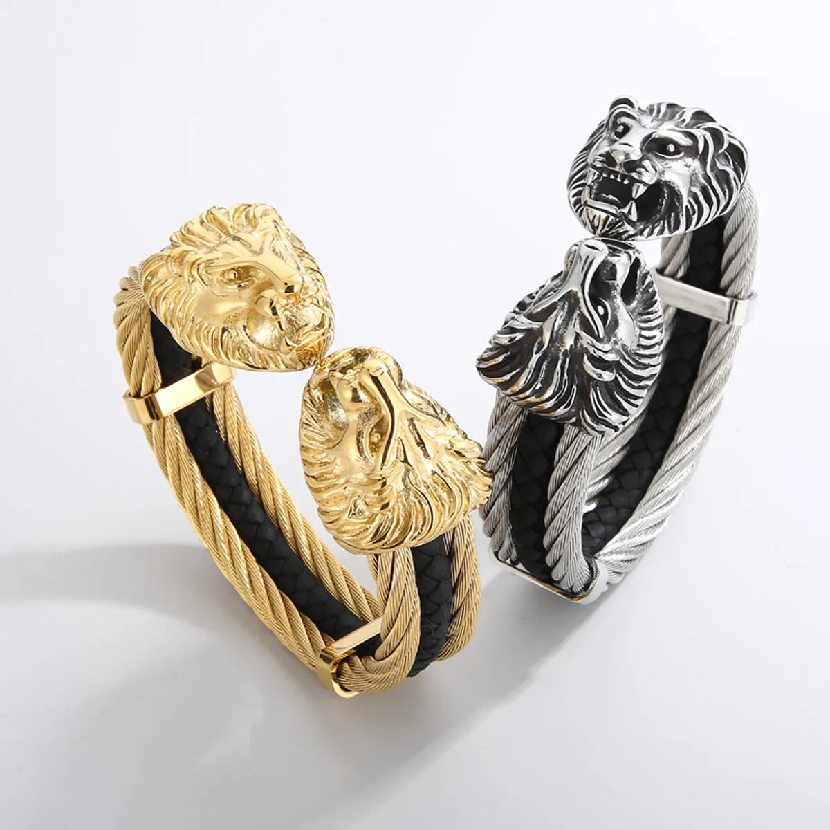 Retro Punk Animal Lion Stainless Steel Plating 18k Gold Plated Bangle