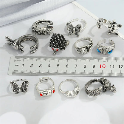 Retro Punk Butterfly Hedgehog Owl Frog Ring Female Ancient Silver Animal Open Ring