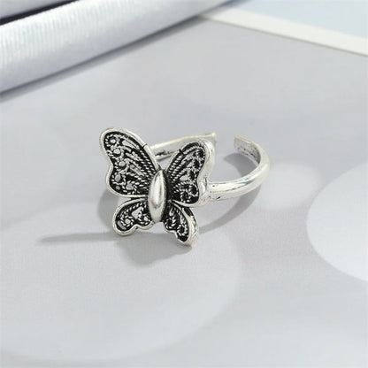 Retro Punk Butterfly Hedgehog Owl Frog Ring Female Ancient Silver Animal Open Ring