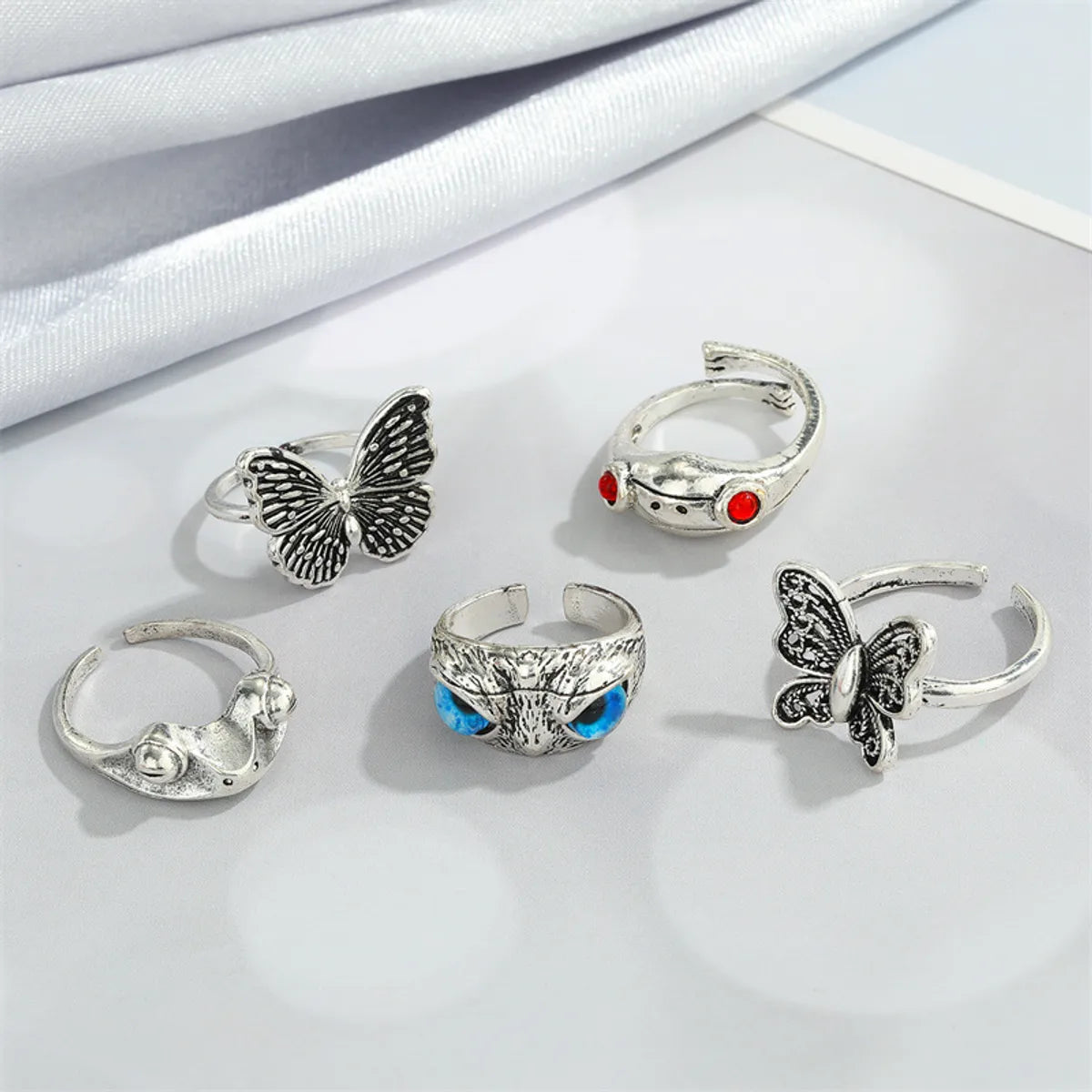 Retro Punk Butterfly Hedgehog Owl Frog Ring Female Ancient Silver Animal Open Ring