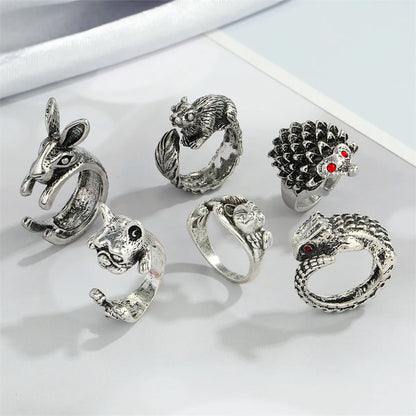 Retro Punk Butterfly Hedgehog Owl Frog Ring Female Ancient Silver Animal Open Ring