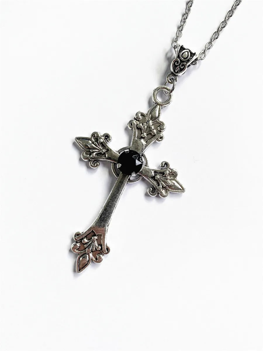 Retro Punk Cross Alloy Inlay Gem Unisex Pendant Necklace