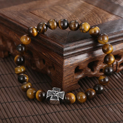 Retro Punk Cross Skull Stainless Steel Agate Tiger Eye Beaded Unisex Bracelets