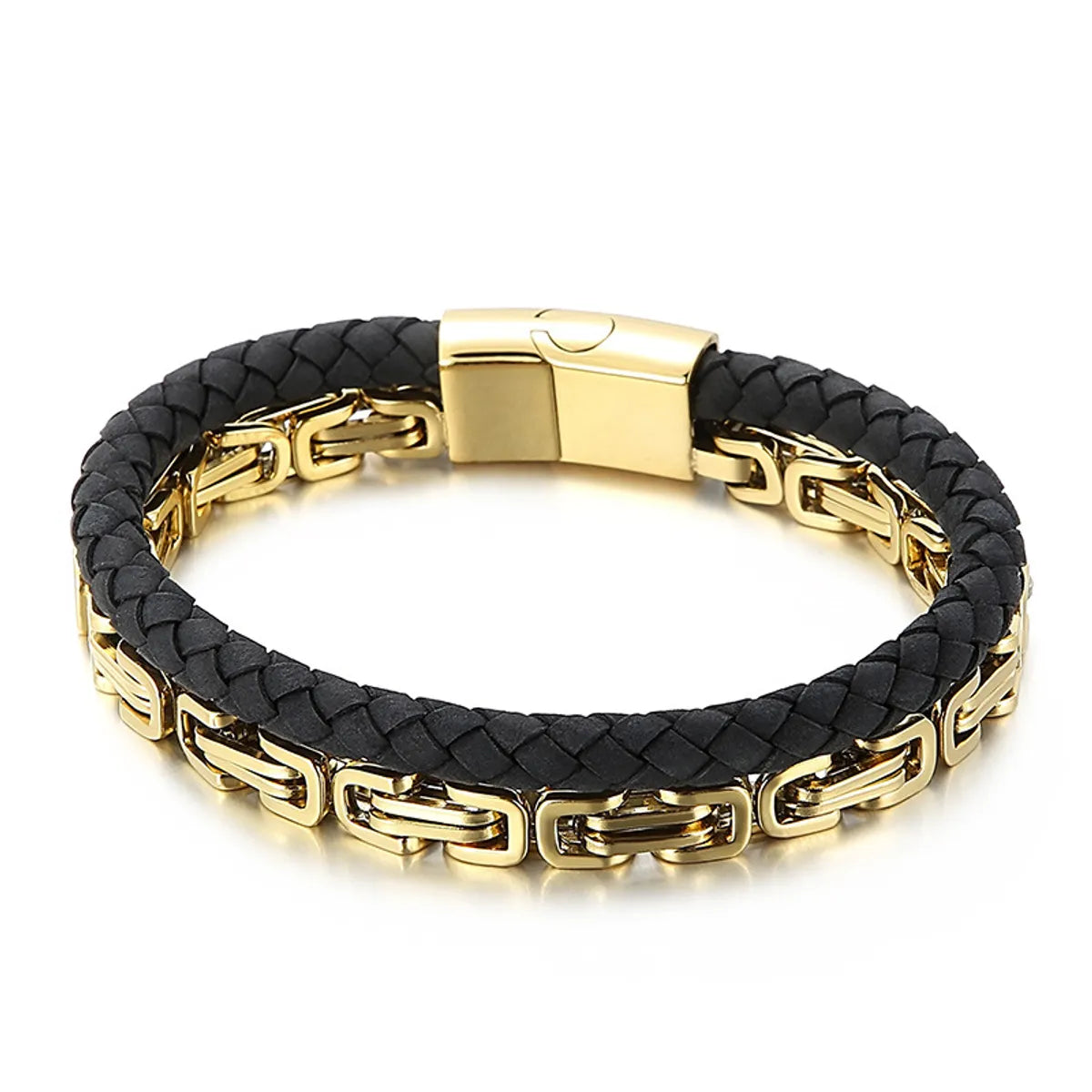 Retro Punk Geometric Pu Leather Titanium Steel Braid Chain Men'S Bangle