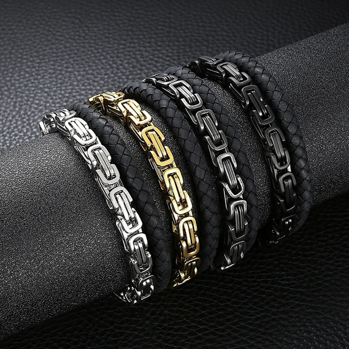 Retro Punk Geometric Pu Leather Titanium Steel Braid Chain Men'S Bangle