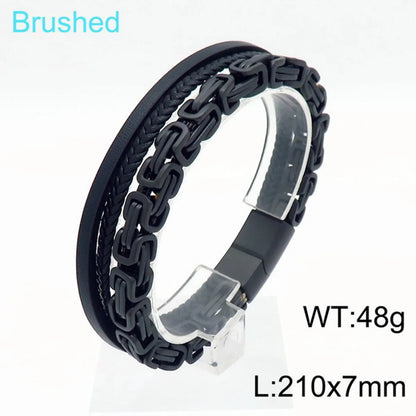 Retro Punk Geometric Pu Leather Titanium Steel Braid Chain Men'S Bangle