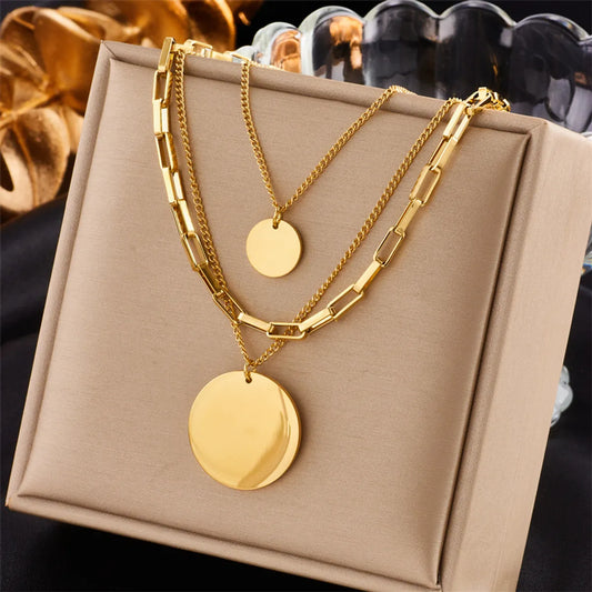 Retro Punk Round Stainless Steel Layered Plating 18k Gold Plated Layered Necklaces